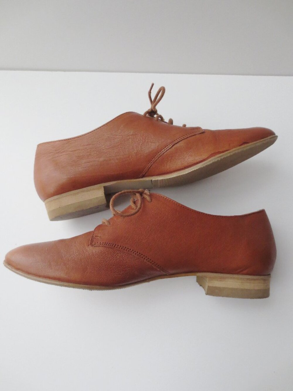 Minelli Tan Brown Cognac Leather Lace-Up Brogue Oxford Derby Flats Shoes Size 6